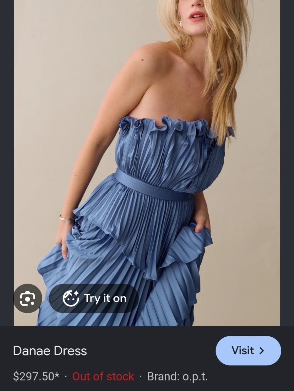 US 2 By O.P.T. Danae Dress- Strapless Blue Pleated Ruffle Maxi Dress
